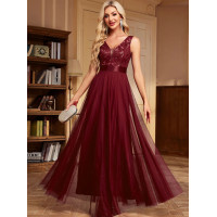 Длинное шифоновое платье женское с блестками VPL25-057 бордовое